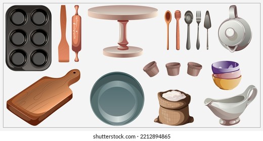 Set of different kitchen utensils like board,spoon,fork,flour bag,rolling pin,plate. Vector illustration of objects isolated on white. Bakery,banners,posters,cooking,print,confectionery concept.