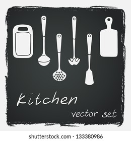 Set of different kitchen utensils on chalkboard background. Vector illustration.