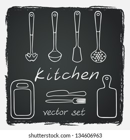 Set of different kitchen utensils on chalkboard background. Vector illustration.