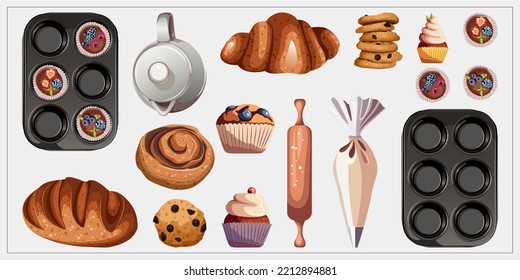 Conjunto de utensilios de cocina y pasteles diferentes. Ilustración vectorial de pastelitos, pan, bollos, alfileres, galletas, muffins aislados en blanco. Panaderías, pancartas, ingredientes, carteles, concepto