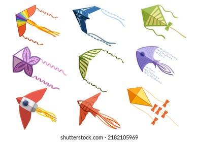 Set of different kites wind flying toy vector illustration isolated on white background