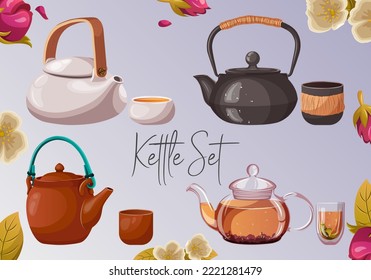 Set of different kits of teapots kettles and cups mugs. Vector illustration of white porcelain ceramic, black iron, brown clay, transparent glass teapots and the same mugs isolated on blue background.