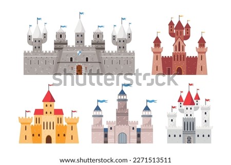Set of different knight's castles in a cartoon style. Vector illustration of ancient stone castles with towers, gates and flags, coat of arms isolated on white background. Defensive fortresses.