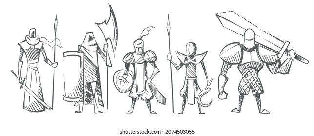 A set of different knights and warriors sketch hand drawn