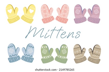 Set of different knitted mittens. Cute hand drawn elements for winter design. Winter clothes. Vector illustration.