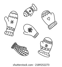 Set of different knitted mittens, doodle hand-drawn sketch illustration, black on white