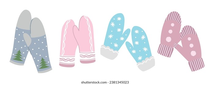 Set of different knitted mittens. Woolen or knitted mitten for cold frosty weather isolated on white background. Warm winter mittens set. Cute hand drawn elements for winter design. Winter accessories