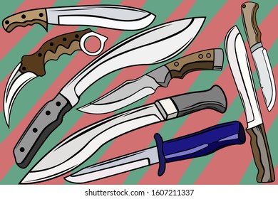 Set of different knives. Combat, hunting and other knives. Wallpaper and background with the image of knives. Vector image.