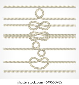 Set of different knots and loops on ropes on white, nautical collection vector illustration