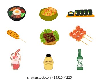 Set of different Korean foods, Vector illustration.