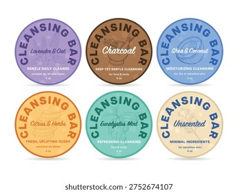 A set of different labels for cleansing soaps. Each label has a unique scent and contains information about the product type and its benefits. The labels are bright and simple.