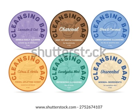 A set of different labels for cleansing soaps. Each label has a unique scent and contains information about the product type and its benefits. The labels are bright and simple.