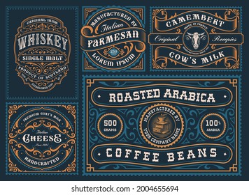 A set of different labels in retro style, these designs can be used for alcohol branding, coffee products, cheese packages and many other