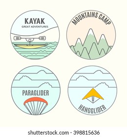 
A set of different labels for sports: kayak, mountains camp, hang-gliding, paragliding. T-shirt design elements with sport elements - kayak, mountains, paraglider, hangglider.