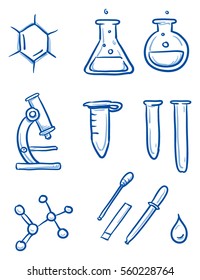 Set of different laboratory and science icons, for  info graphics. Hand drawn line art cartoon vector illustration.