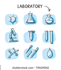 Set of different laboratory and science icons, for info graphics on blue tiles. Hand drawn cartoon sketch vector illustration, marker style coloring. 