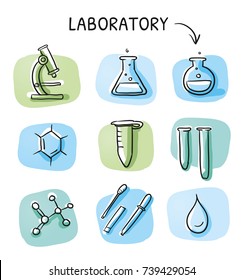 Set of different laboratory and science icons, for info graphics on green and blue tiles. Hand drawn cartoon sketch vector illustration, marker style coloring. 