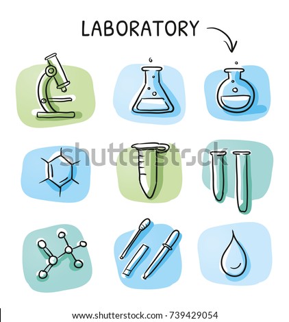 Set of different laboratory and science icons, for info graphics on green and blue tiles. Hand drawn cartoon sketch vector illustration, marker style coloring. 