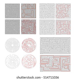 Set of different labyrinths with solutions isolated on white