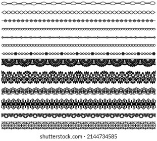 Set of different lace ribbons with ornament. Black design elements isolated on white background. Seamless pattern for creating style, decor design. Lace decoration template, geometric print