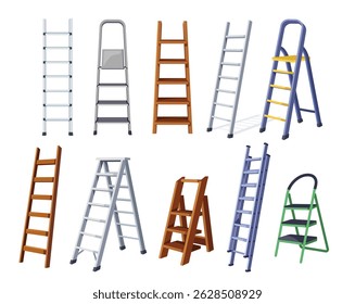 Set of different ladders. Stickers with high stepladders, aluminum staircase, wooden and metal stairs. Household or garden equipment. Cartoon vector illustration collection isolated on background