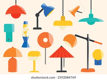 Set of different lamp. Collection of floor, wall, table and ceiling lamps.