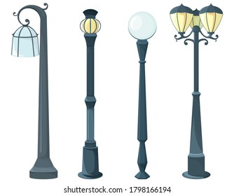 Set of different lamp posts. Vintage light equipments.