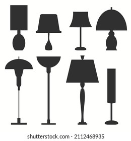 Set of different lamps. Black floor and table lighting equipment. Vector
