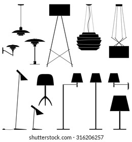 Set of different lamps. Black silhouette of floor lamps, table lamps and sconce. Vector illustration EPS10