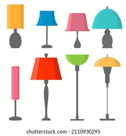 Satz verschiedener Lampen. Farbige Boden- und Tischbeleuchtung. Vektorgrafik