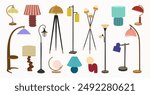 Set of different lamps. Floor and desk lamps.Home illumination for modern cozy interior. Hand drawn vector illustration isolated on white background. Flat cartoon style.