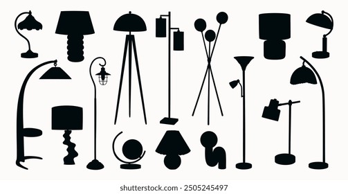 Set of different lamps silhouettes. Black icons of floor and table lamps. Home illumination for modern cozy interior. Hand drawn vector illustration isolated on white background. Flat cartoon style.