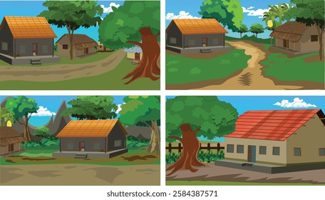 Set of different landscape background.Rural Roadside village background collection for cartoon animation