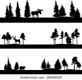 set of different landscapes with coniferous trees and wild animals, silhouettes of forest with elk,deer and bear, hand drawn vector illustration