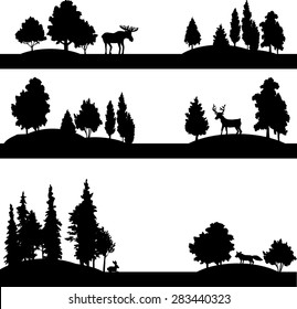 set of different landscapes with deciduous and coniferous trees and wild animals, silhouettes forest with elk,deer, fox and rabbit, hand drawn vector illustration