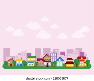 Set of different landscapes in the flat style  - urban, rural, country, fabulous, city, mountain and seascape