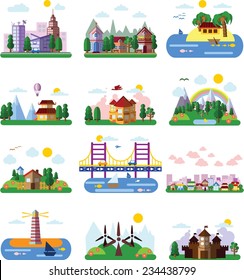 Set of different landscapes in the flat style - urban, rural, country, fabulous, city, mountain and seascape 