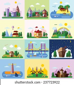 Set of different landscapes in the flat style - urban, rural, country, fabulous, city, mountain and seascape 