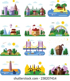 Set of different landscapes in the flat style - urban, rural, country, fabulous, city, mountain and seascape     