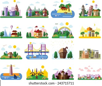 Set of different landscapes in the flat style - urban, rural, country, fabulous, city, mountain and seascape 