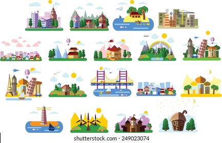 Set of different landscapes in the flat style - urban, rural, country, fabulous, city, mountain, travel and seascape 