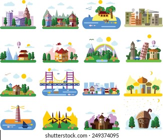 Set of different landscapes in the flat style - urban, rural, country, fabulous, city, mountain and seascape