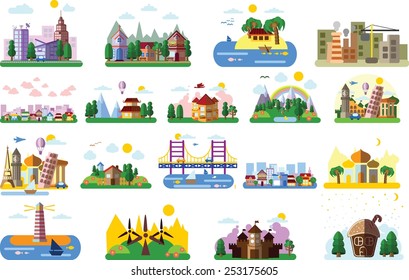 Set of different landscapes in the flat style - urban, rural, country, fabulous, city, mountain, travel and seascape