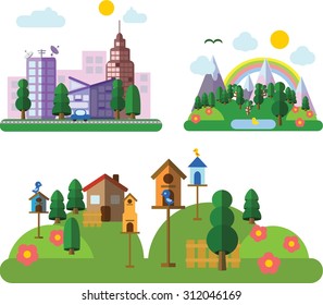Set of different landscapes in the flat style - urban, rural, country, fabulous, city, mountain, travel and seascape 