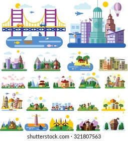 Set of different landscapes in the flat style - urban, rural, country, fabulous, city, mountain, travel and seascape 