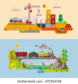 Set of different landscapes in the flat style - urban, rural, country, fabulous, city, mountain, travel.