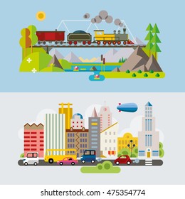 Set of different landscapes in the flat style - urban, rural, country, fabulous, city, mountain, travel.