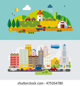 Set of different landscapes in the flat style - urban, rural, country, fabulous, city, mountain, travel.