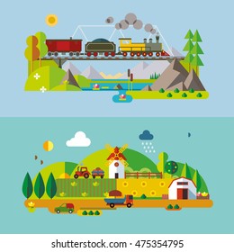 Set of different landscapes in the flat style - urban, rural, country, fabulous, city, mountain, travel.