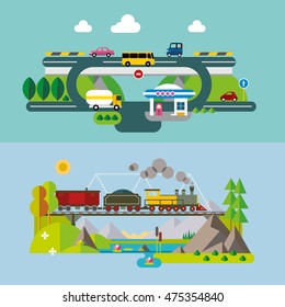 Set of different landscapes in the flat style - urban, rural, country, fabulous, city, mountain, travel.